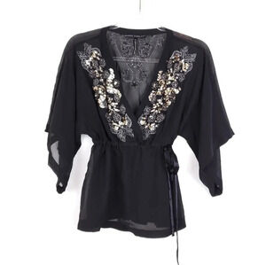 Sandra Angelozzi Silk empire waist, tie waist sheer Beaded blouse